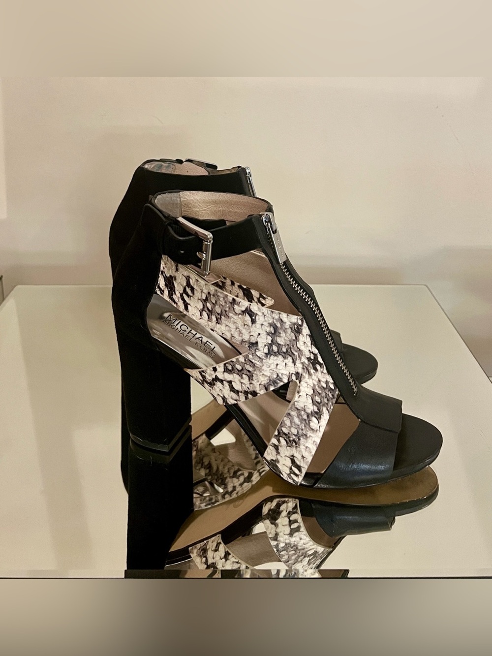 Michael Kors Black with Snake-Print Block Heel Sandals